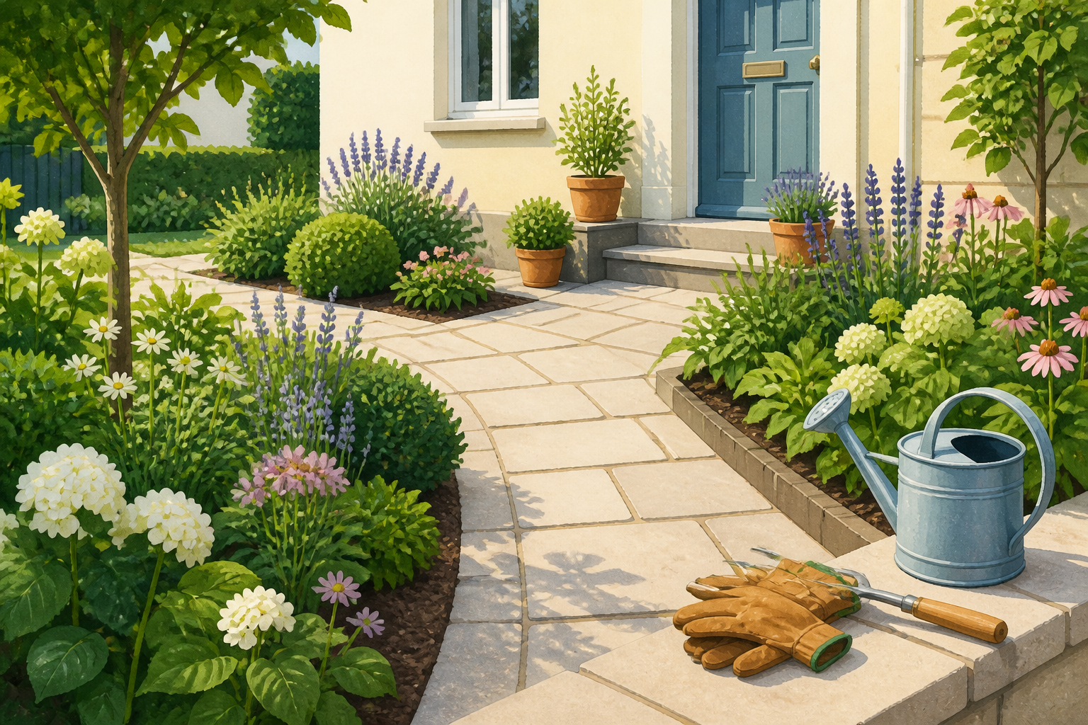 Illustration eines gepflegten Gartens mit Gartenwerkzeug
